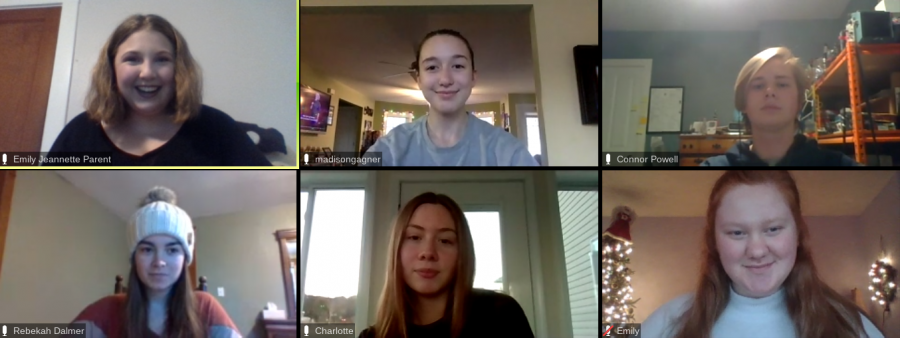 The writers team meets over Zoom to discuss the final edits of their film script. Top row left to right: Emily Parent (22), Madi Gagner (23), and Connor Powell (22). Bottom row left to right: Rebekah Dalmer (23), Charlotte Pierce (23) and Emily Farrell (23). Photo credit: Emily Parent 