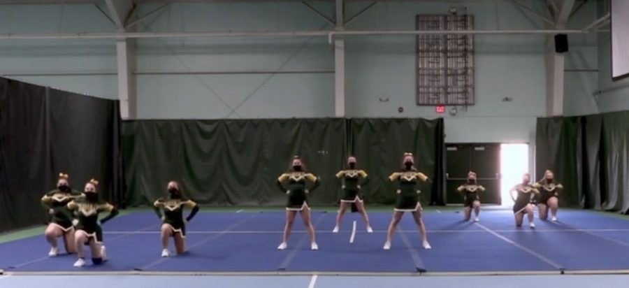 Bellows Free Academy Varsity cheerleading team performing virtually for the 2021 VCCA Competition. Photo credit: Dino Patsouris 
