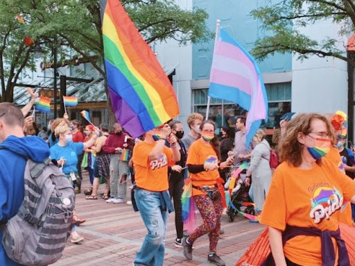 People marching down Church St., Burlington Vt. during the pride parade. 
Photo: Jasmine Duncan ('23)
