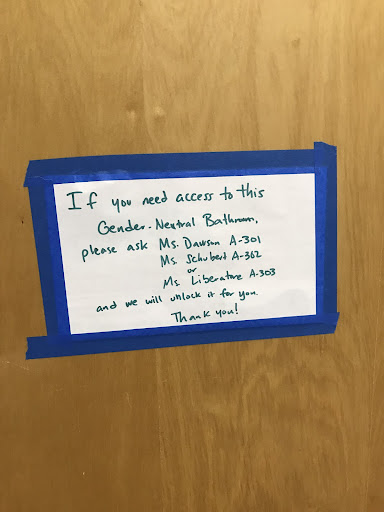 Poster on the door of the gender-neutral bathroom.  Photo credit: Rachel Ledoux