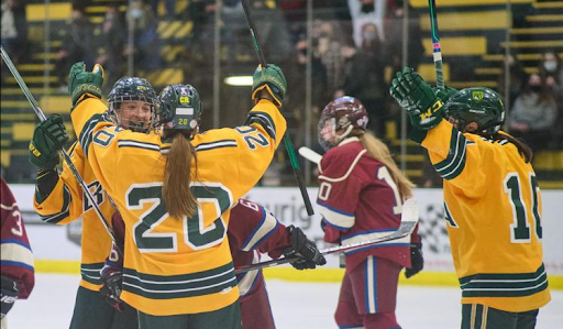 Jodie Gratton (‘23), Brianna Jarvis (‘23) and Caroline Bliss (‘24) come together for a celebration. Photo Credit: Messenger photographer Ari Beaureguard 