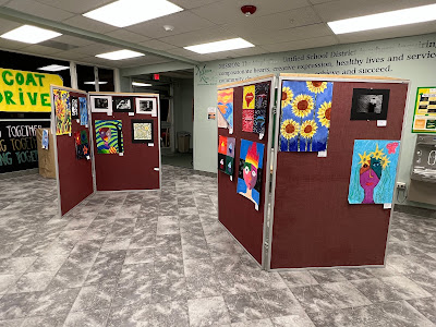 Student art work on display at the 2022 BFA Fine Arts Night.  Photo credit:  https://gggbfa.blogspot.com/2022/12/friday-december-9-2022-weekly.html